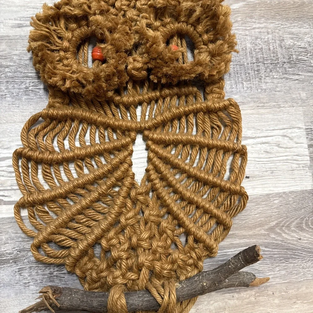 Vintage 1970's Boho Macrame Jute‎ Bead Owl Wall Hanging Decor Folk Art 33